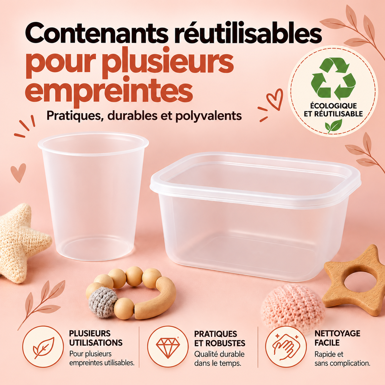 Contenants réutilisables pour kits empreintes bébé ANCRER, pratiques, robustes et faciles à nettoyer pour réaliser plusieurs moulages 3D.