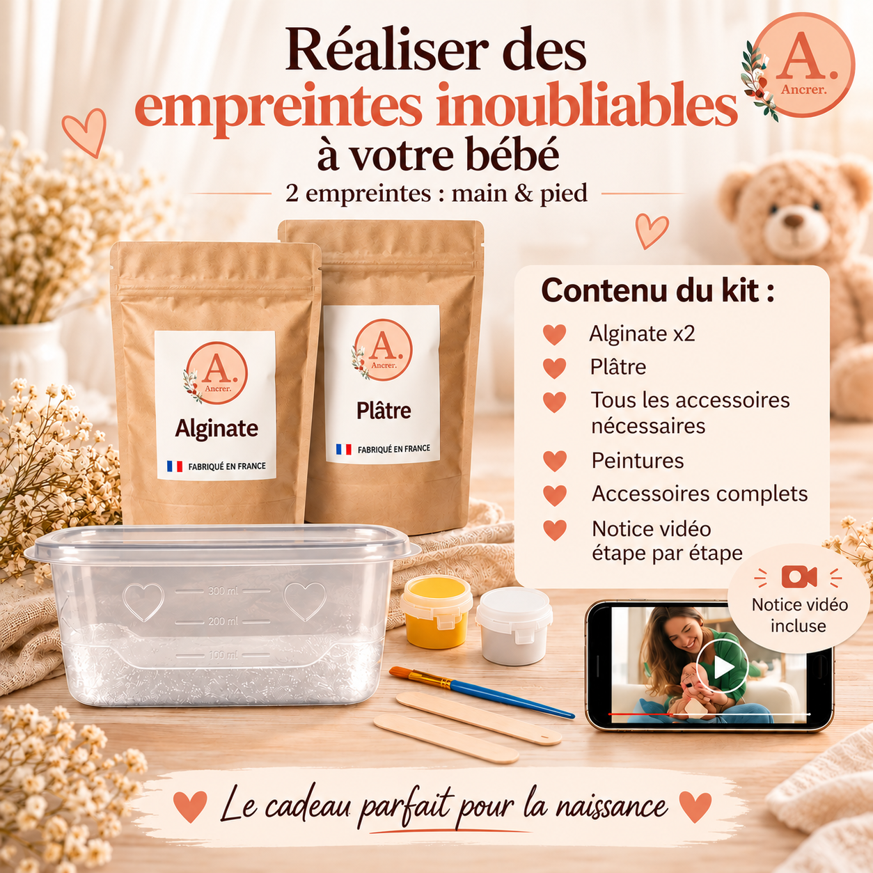 Kit empreinte bébé ANCRER pour réaliser 2 moulages 3D de la main et du pied. Coffret complet avec alginate, plâtre et accessoires, idéal comme cadeau de naissance.