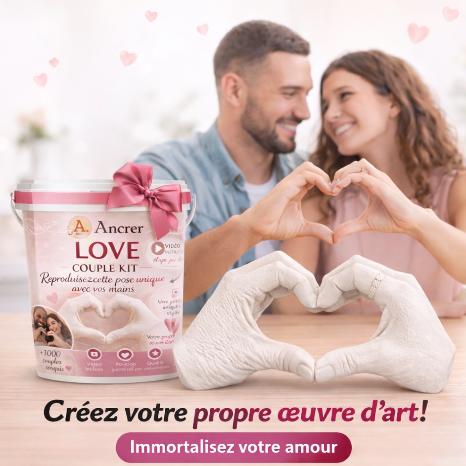 Kit empreinte couple ANCRER avec moulage des mains en cœur – cadeau romantique personnalisé