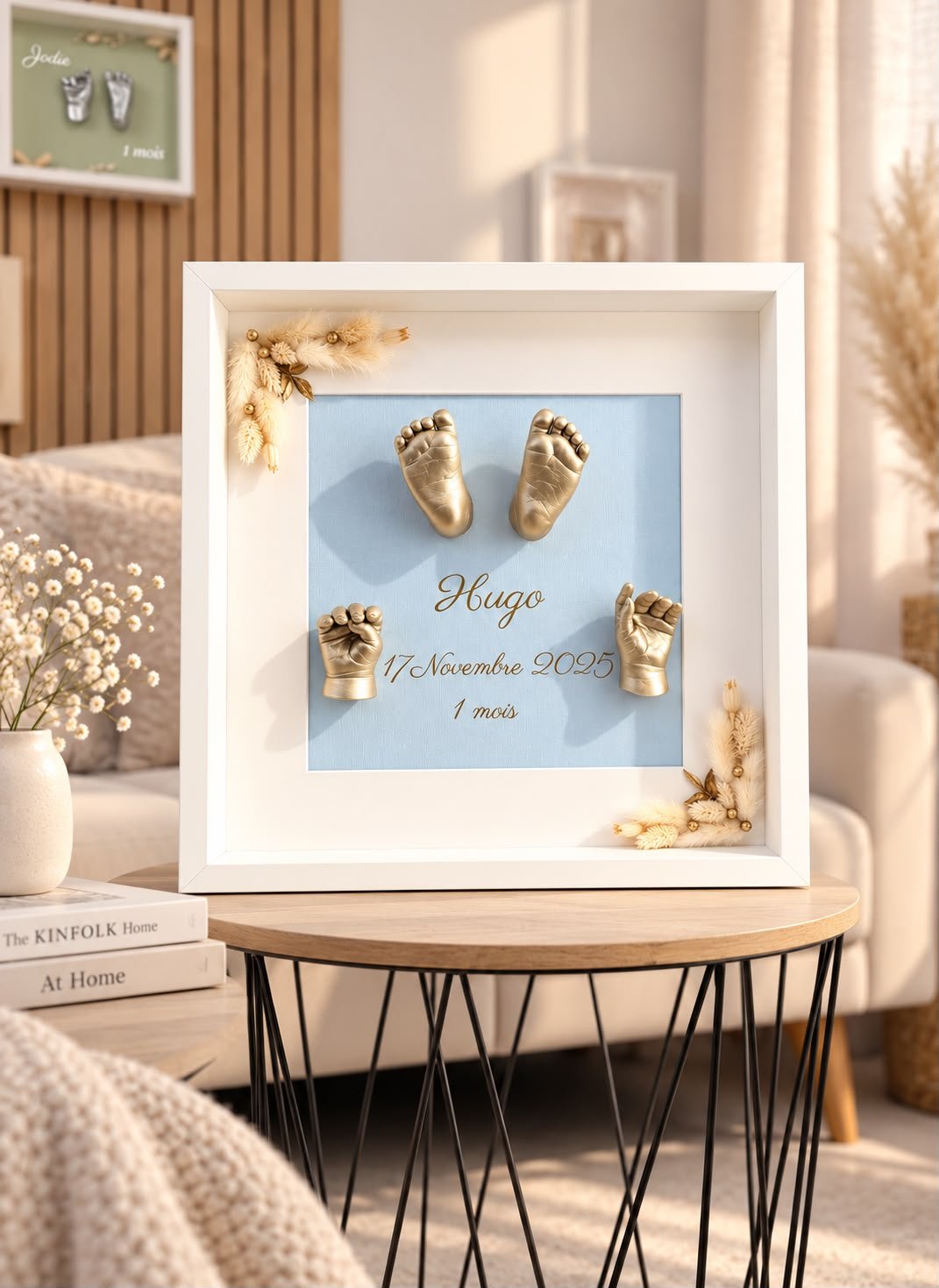 Souvenir de naissance personnalisé avec empreintes bébé encadrées