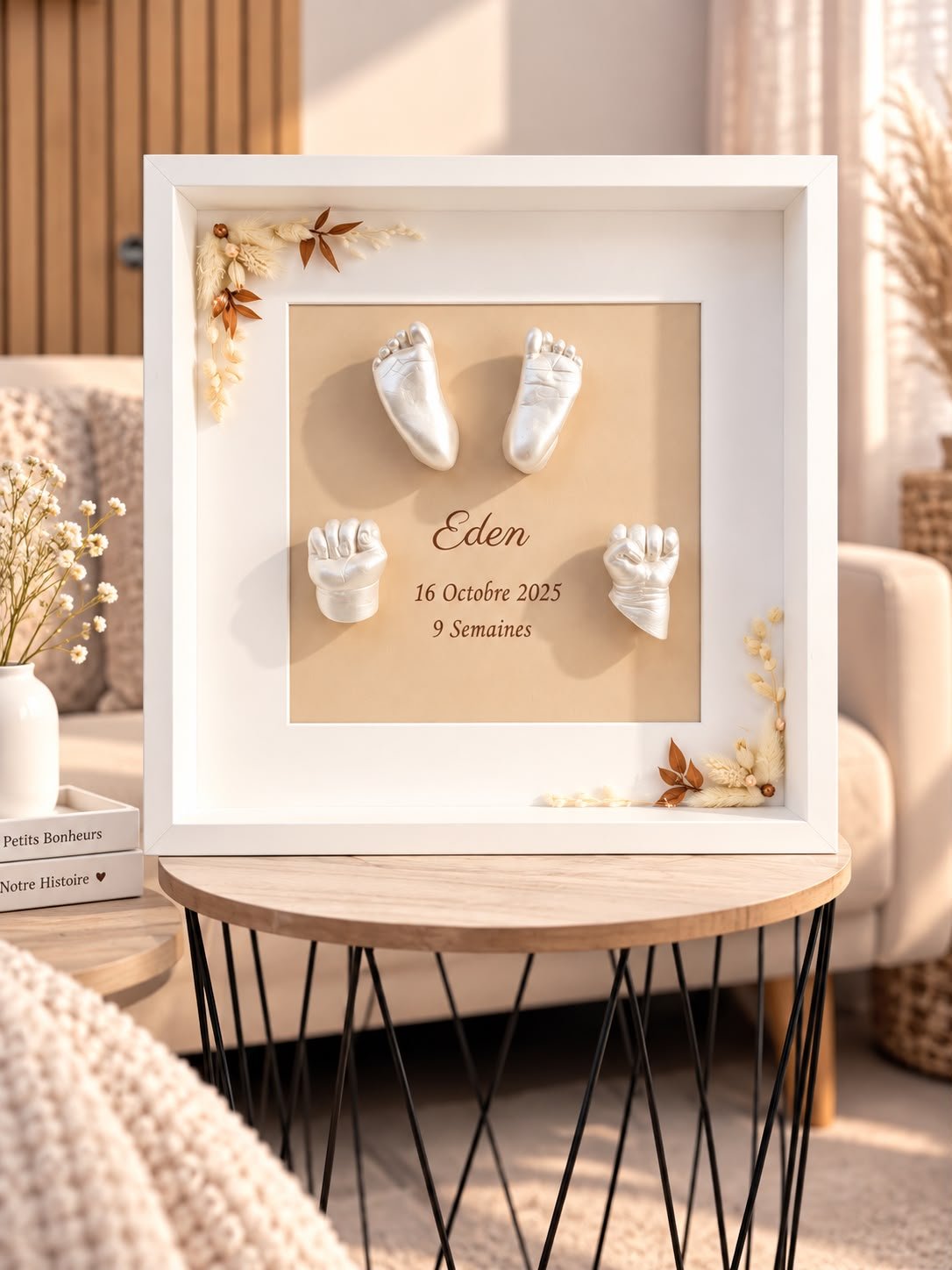 Moulages empreintes bébé présentés comme décoration souvenir